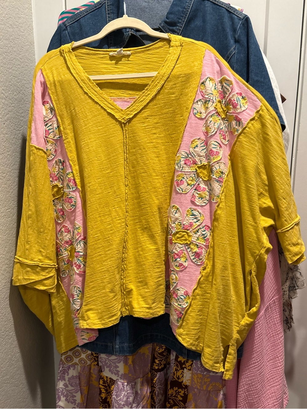 Yellow Boho Floral Patchwork V-Neck Top